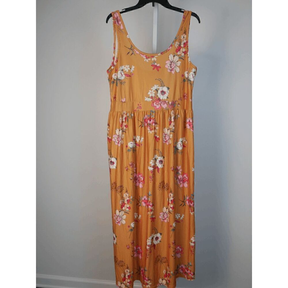 Women's Mustard & White Floral Sleeveless A-Line Dress L - Picture 2 of 5